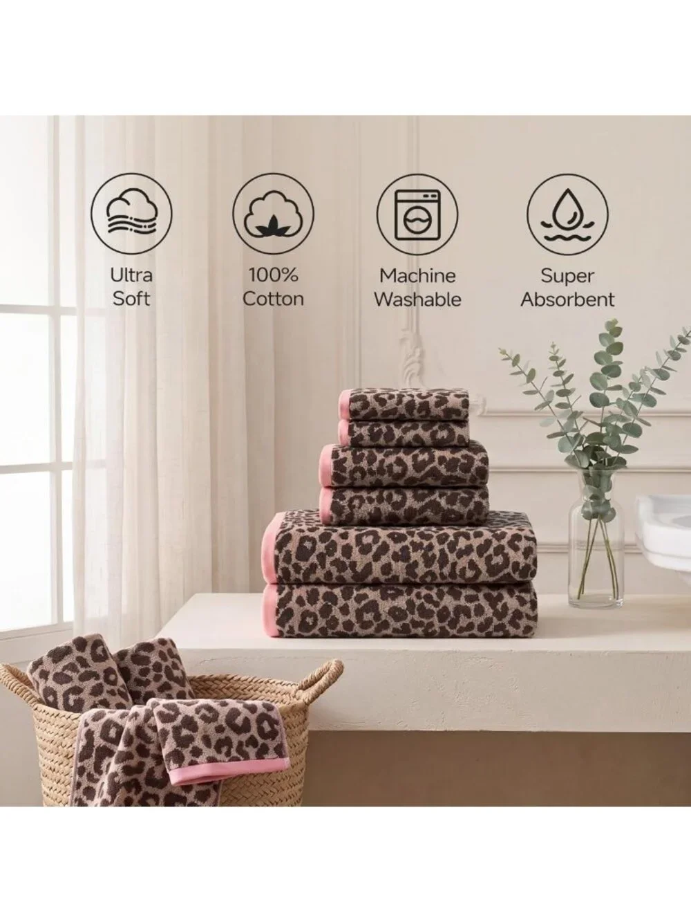Leopard Print Towel Set of 6 - 100% Cotton, Quick Dry & Absorbent Bath Towels